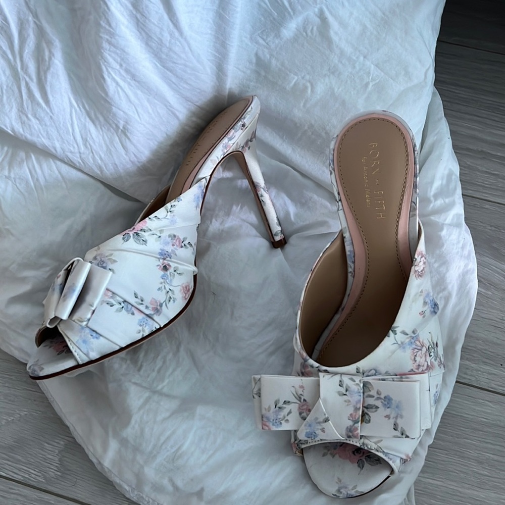 White floral print satin pumps with blue and pink flowers - perfect for bridal